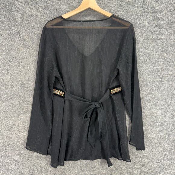 Unbranded Blouse Women M Medium Black Sheer V-Neck Long Sleeve Belted Rhinestone - Picture 2 of 5